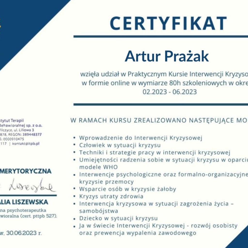 Certyfikat ukończenia kursu interwencji kryzysowej- Artur Prażak